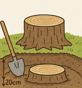 切り株の周りを２０センチ掘っている画像