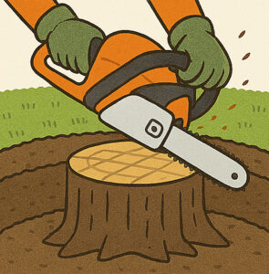 切り株をチェーンソーで切っている画像