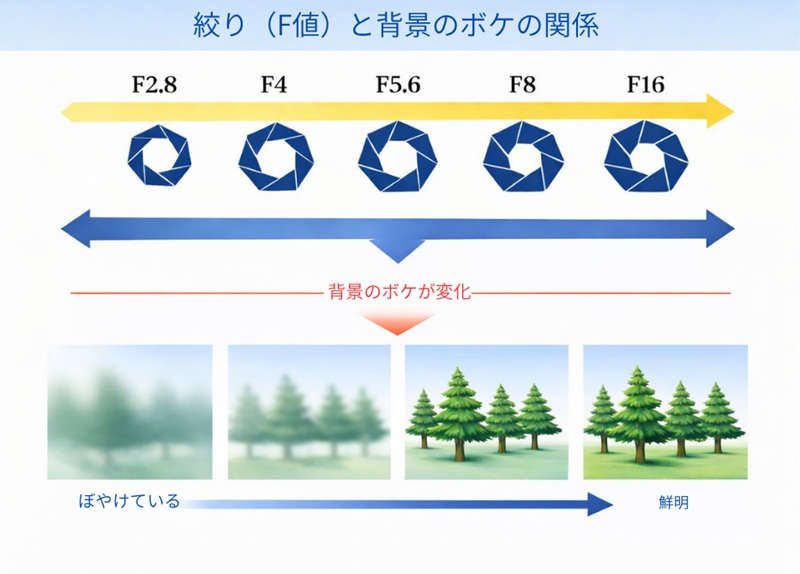 絞り(F値)と背景のボケの関係の画像